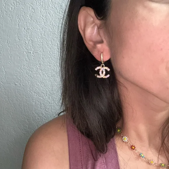 Iridescent Multicolor Chanel stamped Zipper Pull Crystal Earrings - Picture 6 of 9